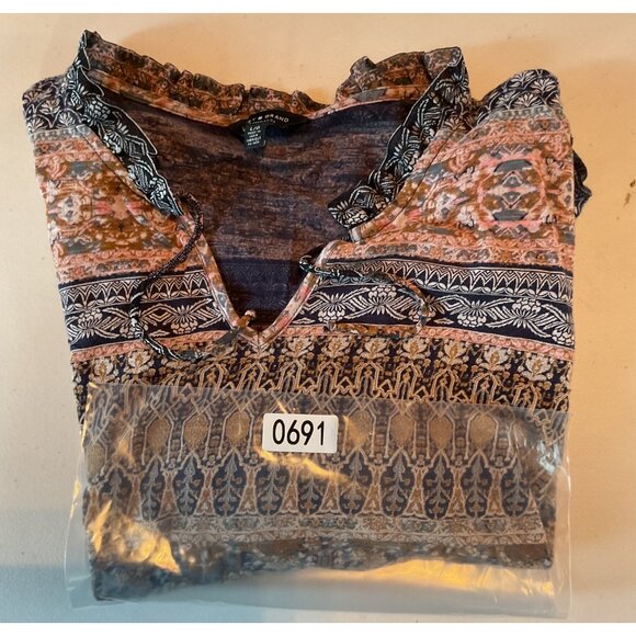 Lucky Brand Boho Patchwork Print Peasant Blouse Top L Multicolor Cotton Blend - Picture 6 of 7